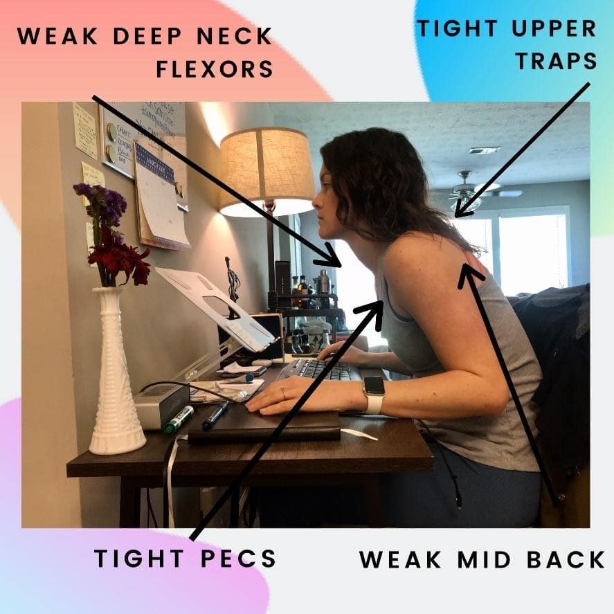 Image of female seated at desk with bad posture leading to headaches